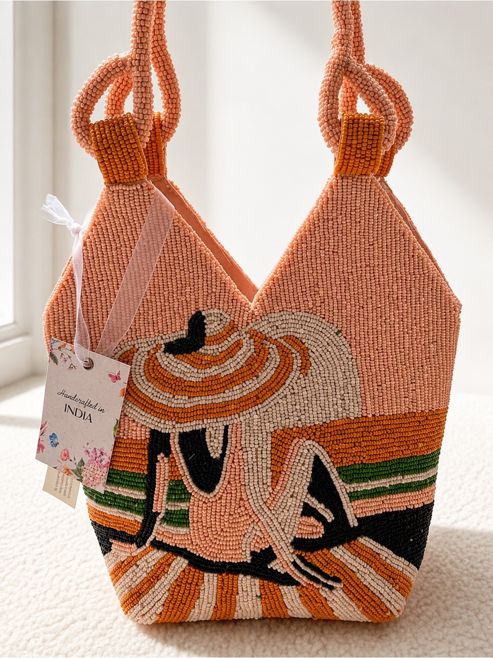 India Boutique Peach Beaded Shoulder Bag with Orange and Green Accents
